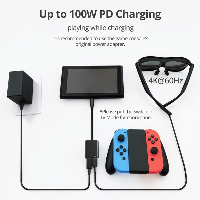 ANQUORA Store AR Glasses Adapter, USB C to AR Glasses 4K@60Hz and Charging Up to 100W PD, Plug and Play, Compatible with Switch 1,Steam Deck, ROG Ally and More, Supports Rokid/XREAL/Viture AR Glasses - Image 4